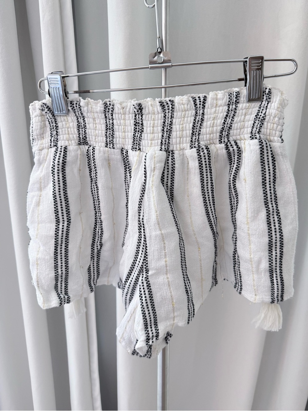 Surf Gypsy White and Black Striped High-Waist Smocked Shorts